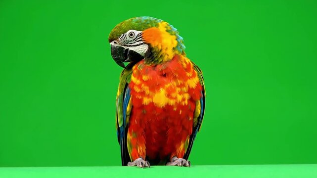 Vibrant parrot stands on perch, showcasing colorful plumage in a studio setting with a green screen background from a straight-on viewpoint