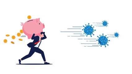 Businessman carrying large piggy bank while running away from flying virus cells to represent financial protection and economic safety.