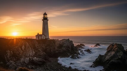 Fototapeta premium Lighthouse standing tall on rocky coast at sunset