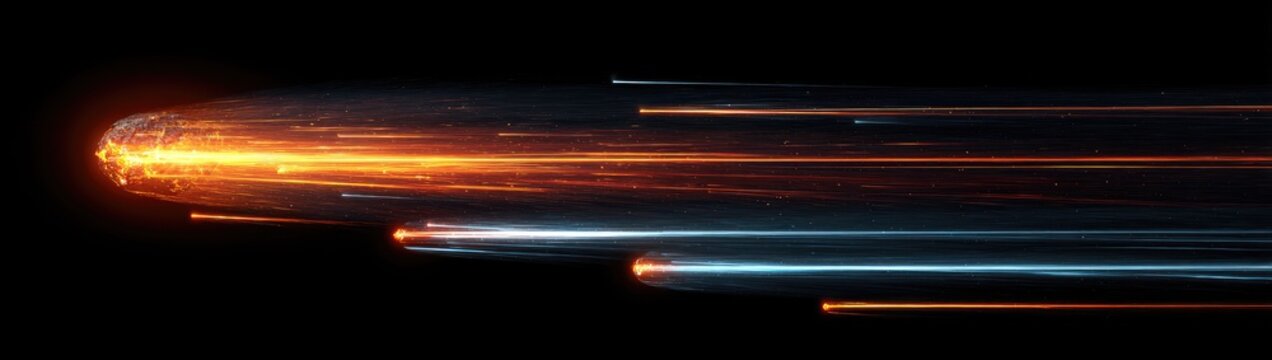 Abstract image of fiery projectiles streaking across a black space. Streaks of light and motion