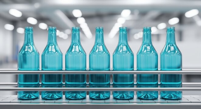 Rows of clear blue glass bottles moving along an industrial production line