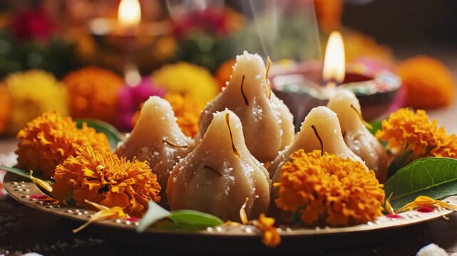 Steaming Modak On Brass Plate Marigold, Soft Diya Glow, Incense Smoke Curling Upward, Homemaker Arranging Sweets For Intimate Puja, Closeup Of Jaggery Texture And Coconut Garnish, Devotional.