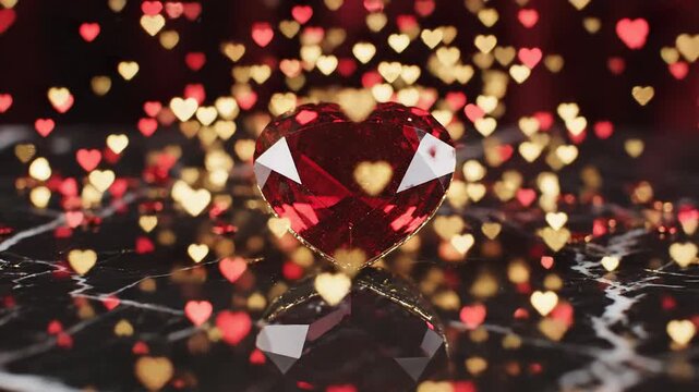Heart-shaped ruby gemstone surrounded by bokeh hearts, symbol of love and romance