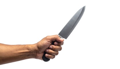 Hand Holding a Sharp Kitchen Knife Isolated on White Background.