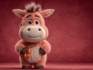 Fototapeta premium a cute, cartoonish red horse with a cheerful expression, holding something small in its hands. The background is a solid red color with a subtle texture.