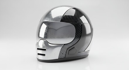 Naklejka premium Sleek Silver and Black Motorcycle Helmet on White Background.