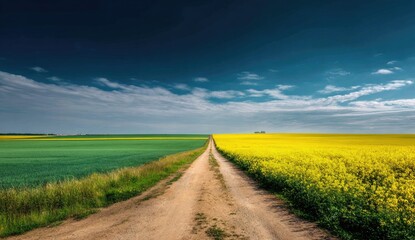 Fototapeta premium A dirt road bisects a vibrant field of yellow and green crops under a dynamic sky