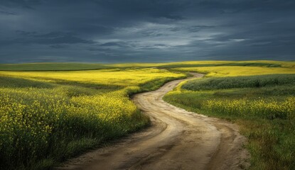 Winding dirt road through vast, blooming yellow fields under a dramatic, stormy sky