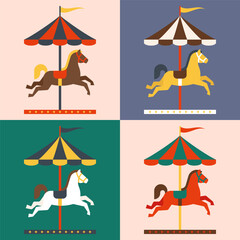 Carousel Horse Color Variations Carnival Amusement Ride Illustration Set