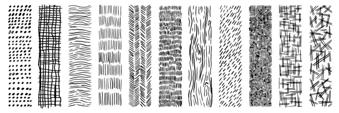 Crosshatch pattern texture set. Hand drawn pencil line. Wood, rain, stripe, hatch organic shape collection. Sketch vector illustration.