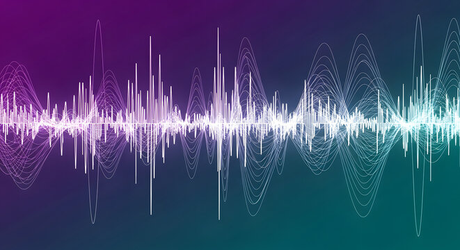 An intricate and complex sound wave visualization displays fluctuating amplitudes across a vibrant blue, purple, and white gradient, symbolizing audio analysis, communication, and digital technology.