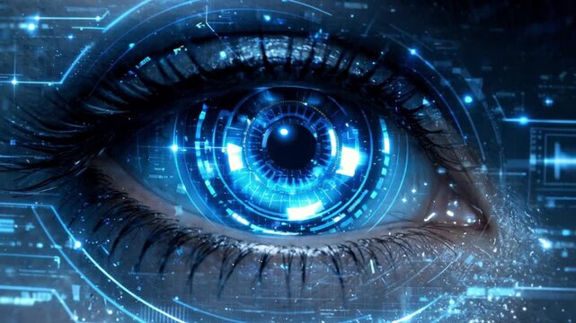 Close-up of futuristic blue eye with glowing digital interface