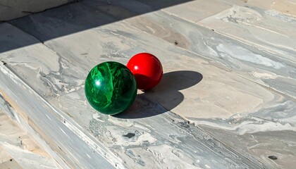 Two balls, one red and one green, rest on a marble surface dappled with sunlight and shadows