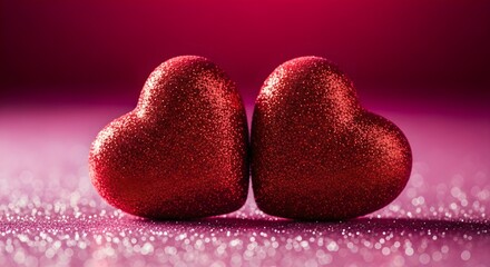 Obraz premium Two red glittery hearts on a pink background with sparkles, symbolizing love and affection, captured in a close-up view.