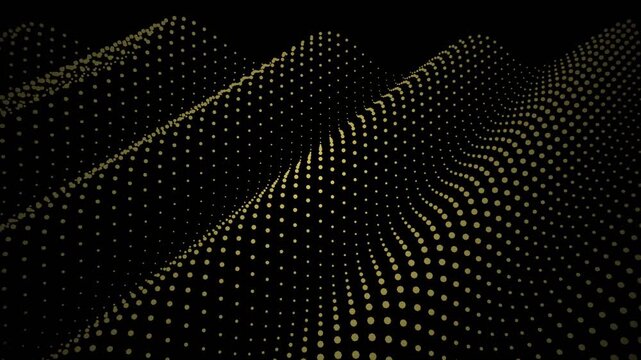 Aerial view of wavy patterns formed by glowing dots in a dark environment, resembling Wave_Seed_34.mp4