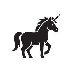 Unicorn black glyph icon. Mythical creature, fairy tale animal mascot. Childish fantasy animal, kids fable silhouette symbol on white space. Magical horse with horn vector isolated illustration
