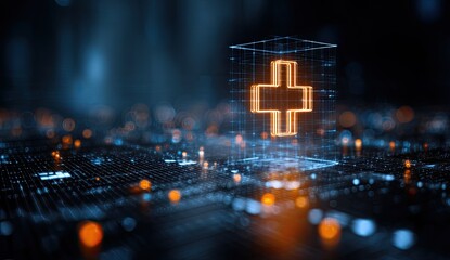 Illuminated cross symbol floats above circuit board, symbolizing health tech in futuristic setting