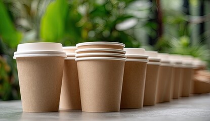 Stacked, disposable paper coffee cups with lids, outdoors, shallow depth of field, natural light