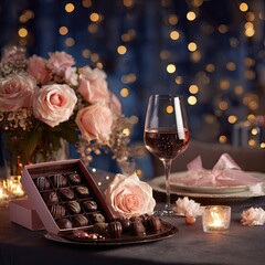 Romantic setup roses, chocolates, wine, candlelit ambiance. Perfect for a celebration