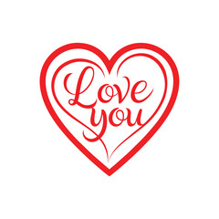 Love you hand lettering inside red love heart shape isolated on white background