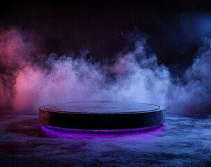 A round stage illuminated in purple, enveloped by colored smoke. Dark background