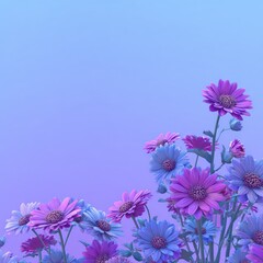Rendering of purple and blue flowers in a gradient light blue background