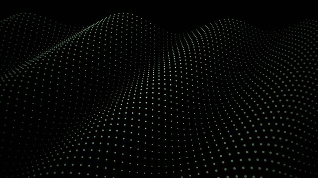 Aerial view of a wave pattern with green dots on a black background, resembling a futuristic digital landscape, captured in a video.