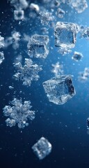 Cubed and crystalline ice shapes float against a blue gradient backdrop
