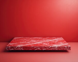 A rectangular marble platform set against a solid red wall and matching floor