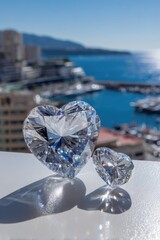 Two heart-shaped diamonds sparkle in sunlight with a blurred coastal city backdrop