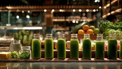 Row of green juice bottles on a counter, produce and kitchen in the background