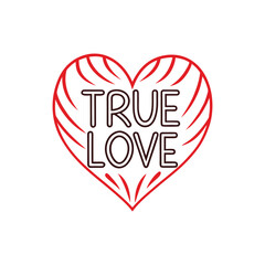 Stylized red love heart with true love text isolated on white background