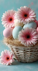 Basket of pastel Easter eggs nestled in straw, surrounded by pink gerbera daisies