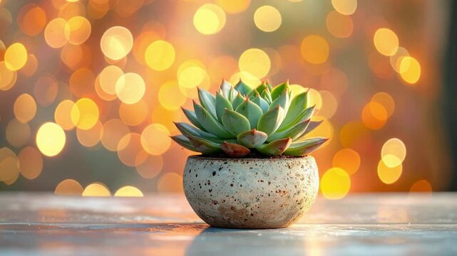 Vibrant succulent plant in pot with warm bokeh background