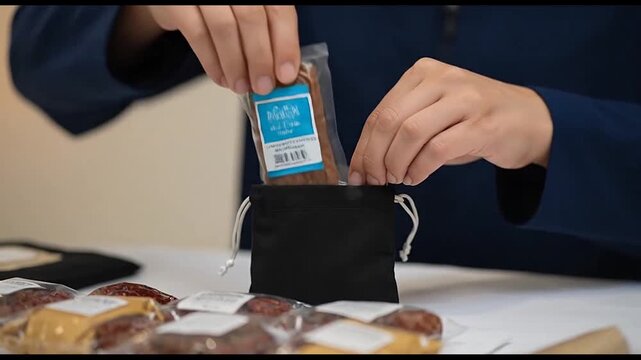 Person packaging small snacks into a black drawstring bag