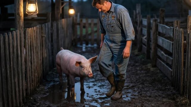 Farmer preparing for a pig slaughter in a muddy pen. 4K Video