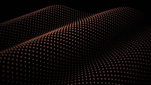 Aerial view of a wavy pattern of glowing dots on a dark surface in a technology setting