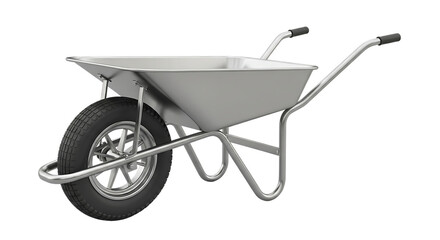 A silver wheelbarrow with a black tire on a dark background