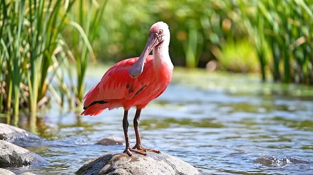Roseate Spoonbill Standing in Marshy Wetland. A beautiful Roseate Spoonbill (Platalea ajaja) stands gracefully on a flat rock in shallow water surrounded by tall green reeds and marsh vegetation