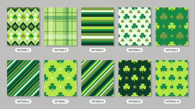 Collection of green seamless patterns including plaid, stripes, argyle, shamrock and gingham textures for backgrounds and design projects.