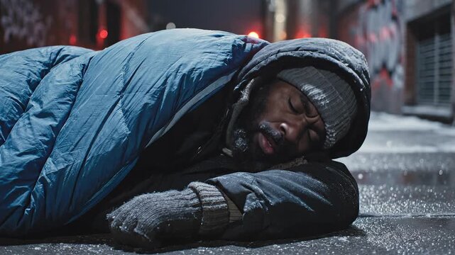 Homeless man sleeping in a sleeping bag on a cold city street at night