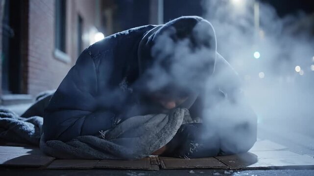 Homeless man sleeping on cardboard in cold city street at night, visible breath