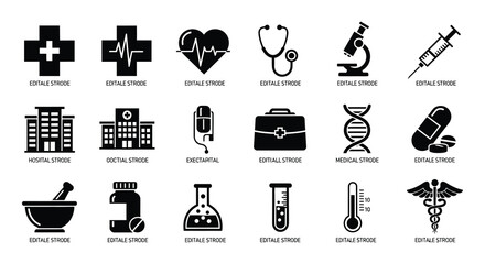 Obraz premium Collection of black medical icons representing healthcare and scientific tools