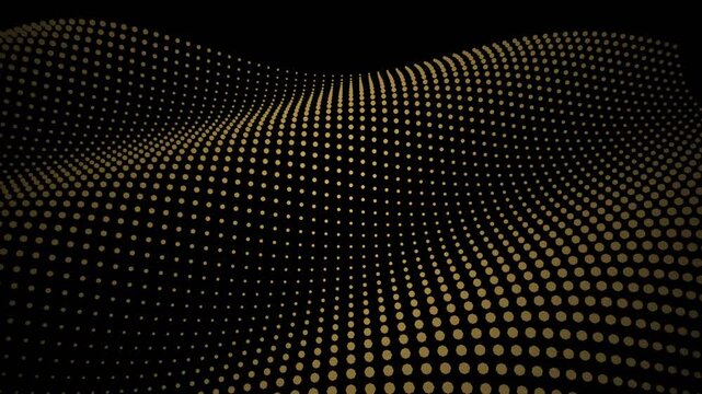Aerial view of a wave-like pattern of golden dots on a dark surface in a futuristic environment Wave_Seed_69.mp4 concept