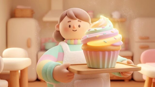A person holds a tray with a large cupcake topped with colorful icing and sprinkles. The kitchen has bright decor and many baking tools visible. The sunlight brightens the space