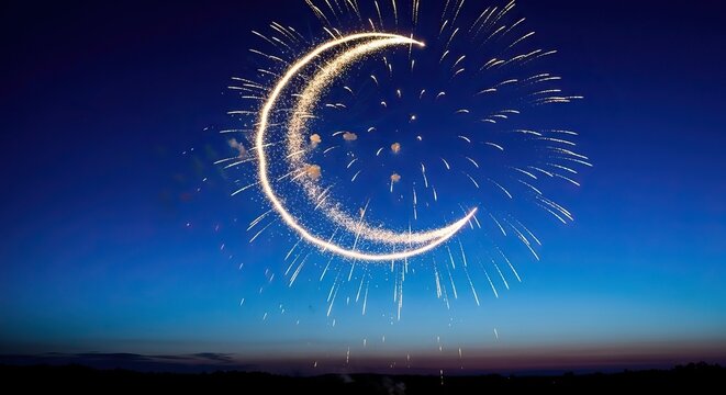 Crescent moon shape made of sparkling fireworks against blue evening sky ramadan kareem islamic eid mubarak background download 2026 2027