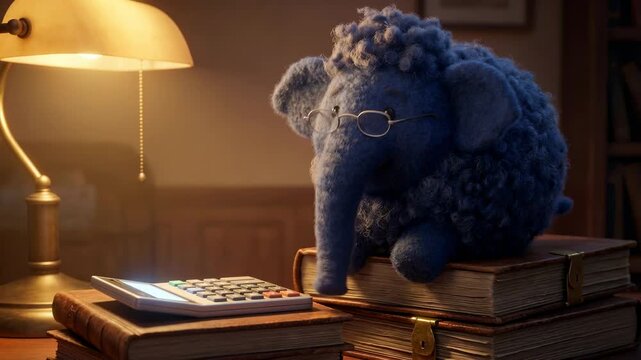 A blue elephant figure with glasses sits on a stack of books and uses a calculator while a warm lamp shines in a cozy room. The atmosphere is focused and studious in the evening light