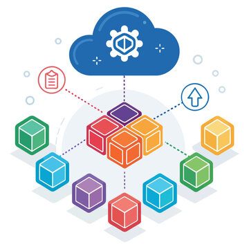 A colorful vector graphic illustrating cloud computing and network connection