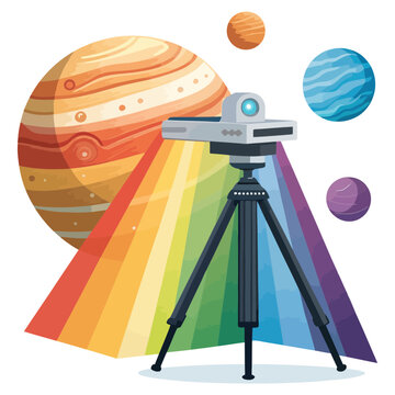 A colorful vector graphic of a telescope with planets and a rainbow