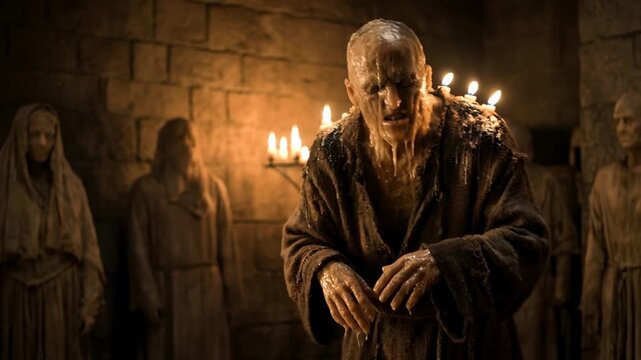 Person in old clothing moves in a dimly lit room filled with candles and shadowy figures. The atmosphere feels tense and focused on the person actions and expressions